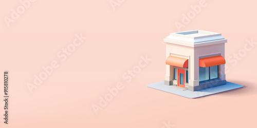 3D Building of a store, and market. Realistic rendering for concepts of advertising and promotion of goods in shops, cafes, and supermarkets. Vector illustration.
