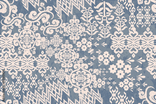 patchwork Ikat paisley embroidery on the fabric in Indonesia, India, and Asian countries. geometric ethnic oriental seamless pattern.Aztec style. illustration. design for texture, fabric, clothing