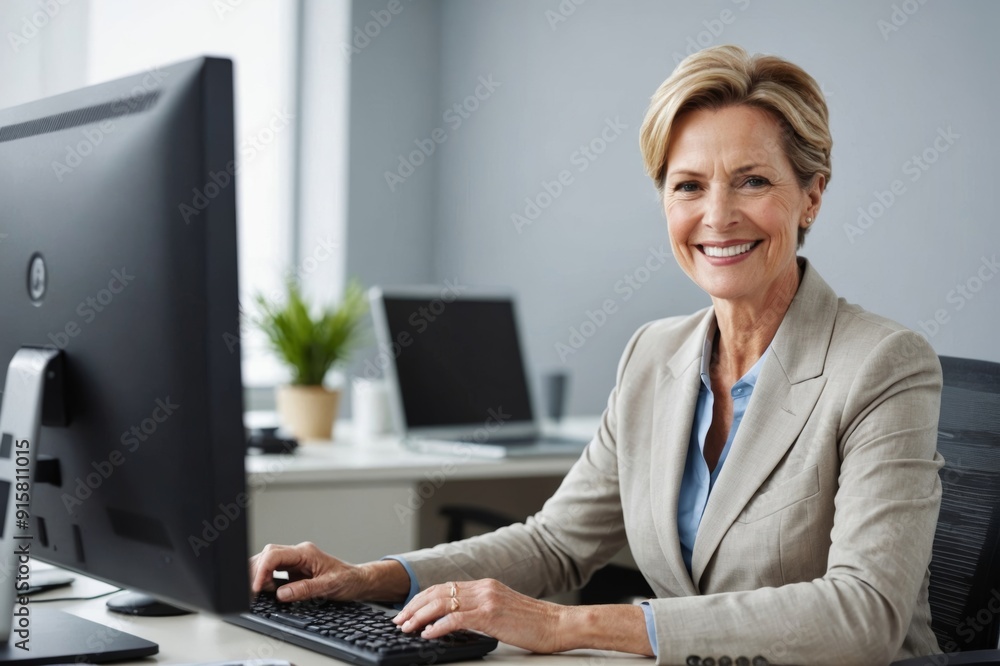 Portrairt of Happy mature businesswoman sitting with computer at desk Portrairt of Happy mature businesswoman sitting with computer at desk