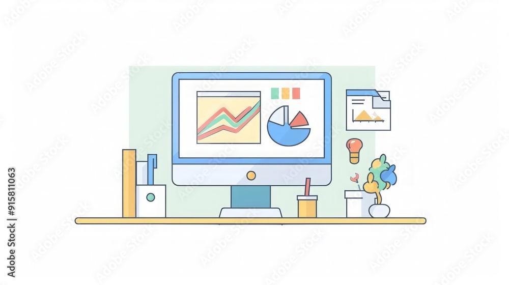 Modern Office Desk with Charts and Graphs - Business Illustration Modern Office Desk with Charts and Graphs - Business Illustration