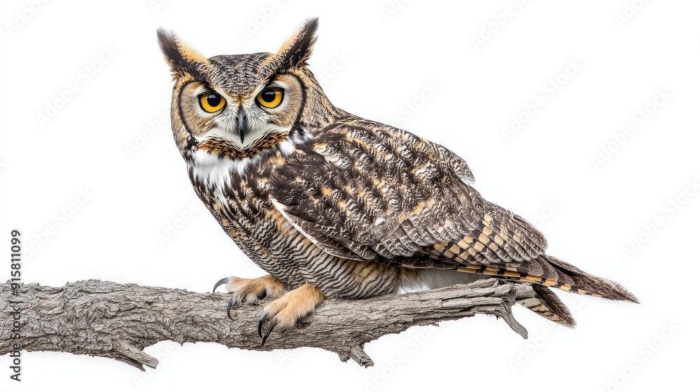 A majestic owl perched on a branch, showcasing its striking features and plumage. A majestic owl perched on a branch, showcasing its striking features and plumage.