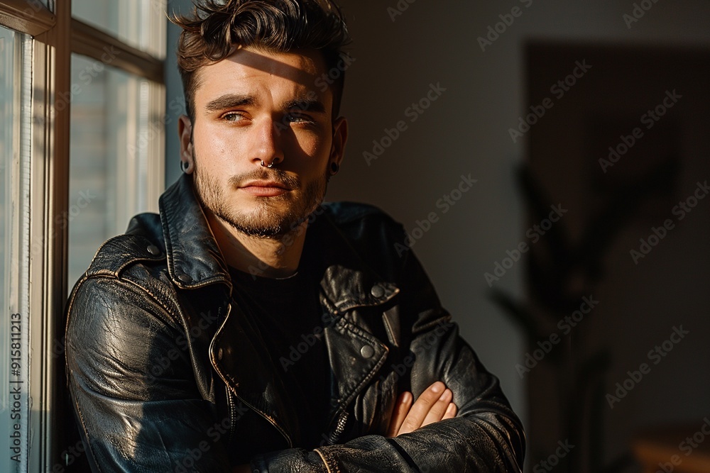 A professional close-up portrait of a man with a nose piercing, emphasizing his natural ruggedness and minimalistic grooming. The soft focus highlights his facial features A professional close-up portrait of a man with a nose piercing, emphasizing his natural ruggedness and minimalistic grooming. The soft focus highlights his facial features