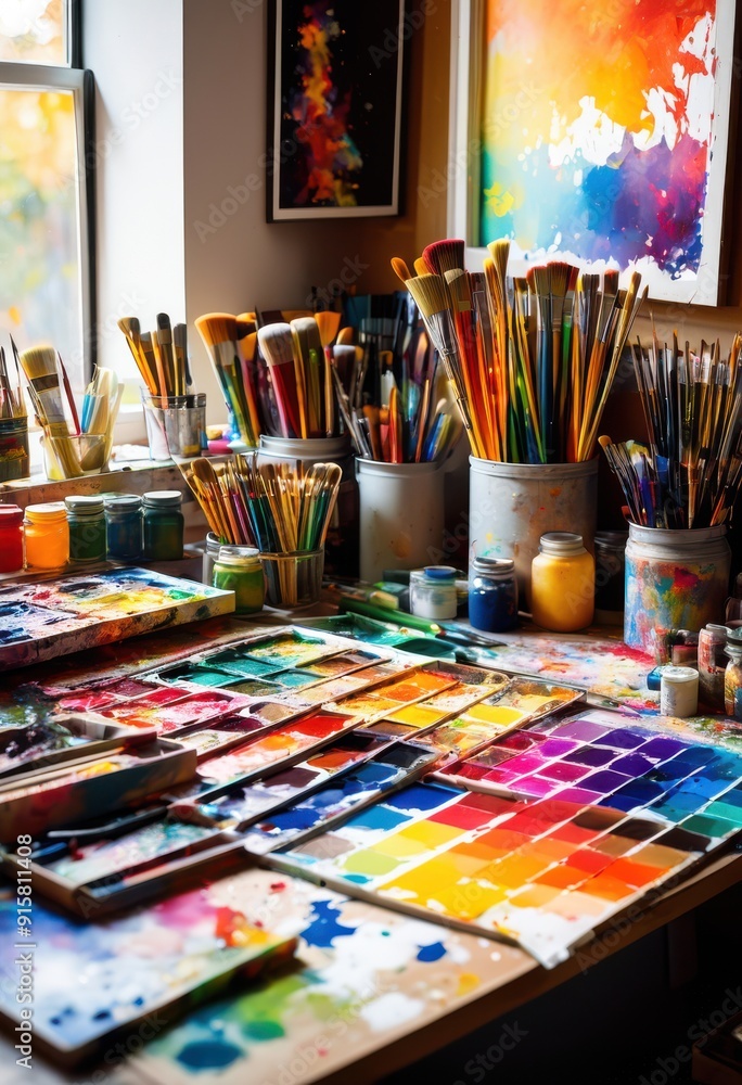 colorful array art tools dispersed throughout lively creative workspace, supplies, creativity, vibrant, colors, scattered, materials, brushes, paints colorful array art tools dispersed throughout lively creative workspace, supplies, creativity, vibrant, colors, scattered, materials, brushes, paints