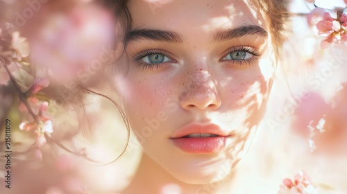 Fresh-faced beauty, light makeup, selective focus, natural glow, ethereal, double exposure, blooming garden backdrop photo