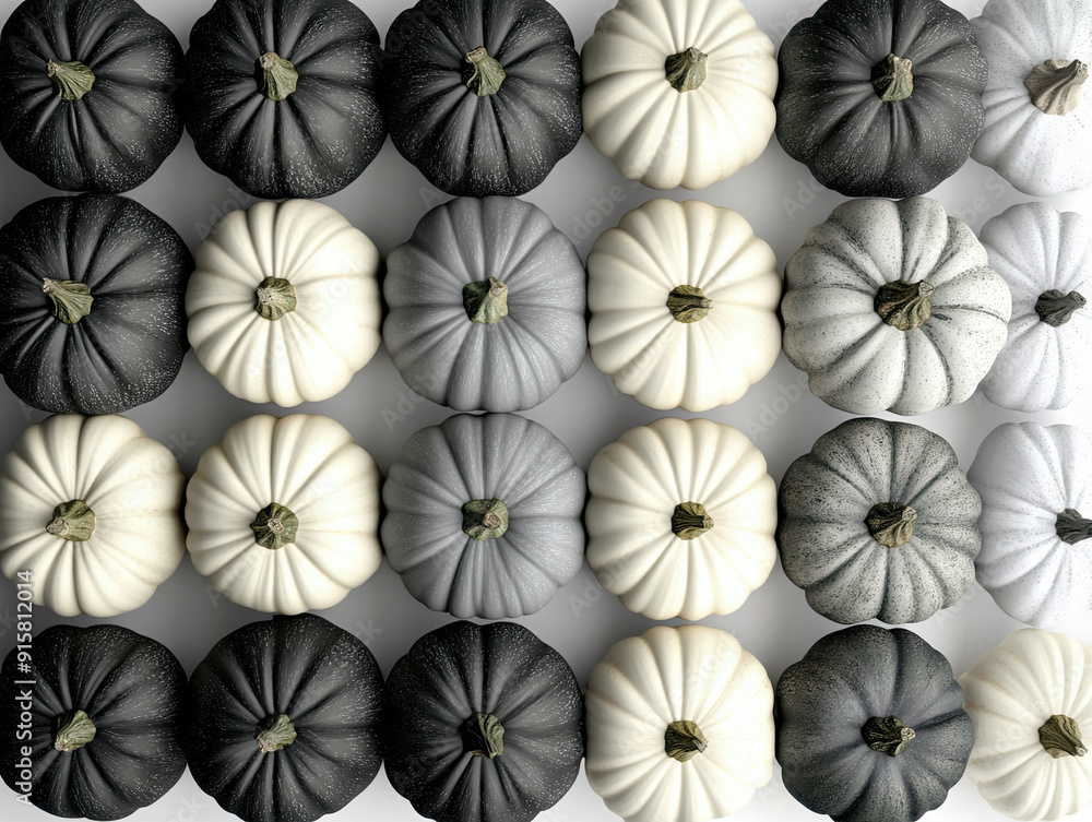Perfect rows of black, white, and gray pumpkins Perfect rows of black, white, and gray pumpkins