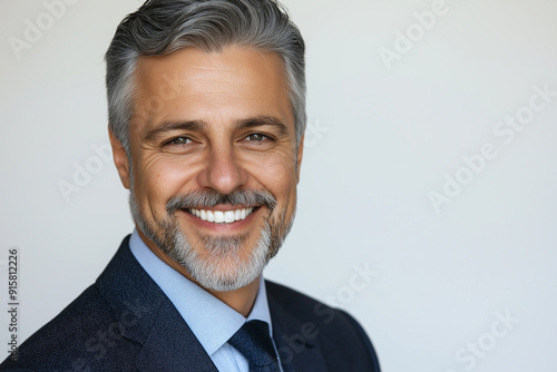 Portrait of handsome smiling businessman with gray hair and goatee in suit isolated on white background