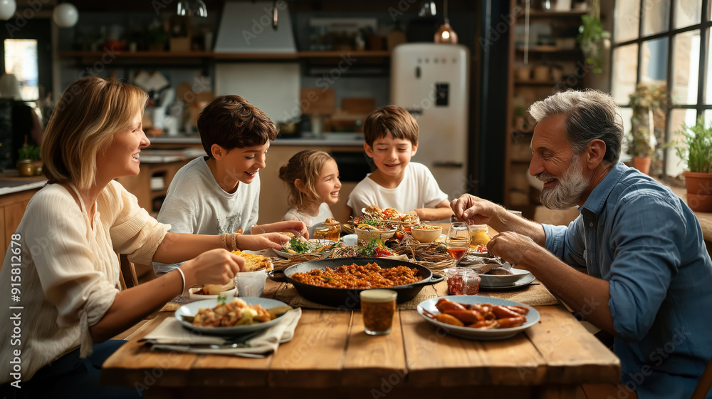 Happy family enjoying a meal together at a dining table in a cozy home setting, with diverse dishes and smiling interactions Happy family enjoying a meal together at a dining table in a cozy home setting, with diverse dishes and smiling interactions