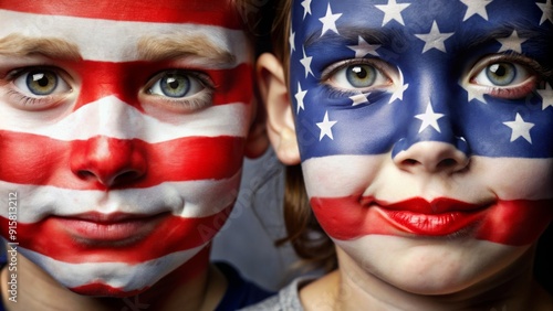 American Pride Close-up Portraits of Children with Face Paint, Patriotism, USA Flag, Independence Day, 4th of July, Nationalism