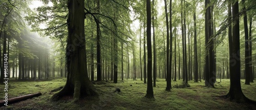 Lush Green Forest Filled With Tall Trees Under Soft Morning Light