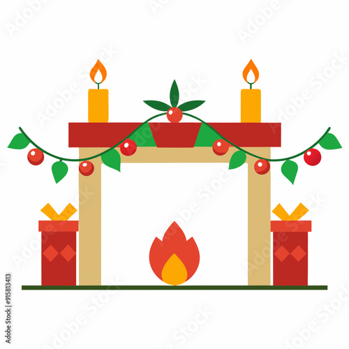 A decorative Christmas mantel with garlands candles vector illustration 