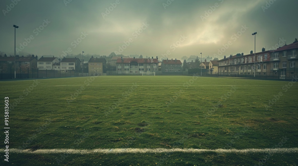 A field with a white line and a few houses in the background A field with a white line and a few houses in the background