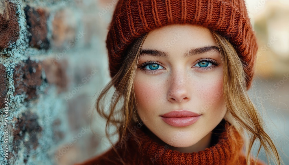 Young Woman With Beautiful Blue Eyes and Cozy Hat Posing Against Brick Wall in Autumn Young Woman With Beautiful Blue Eyes and Cozy Hat Posing Against Brick Wall in Autumn