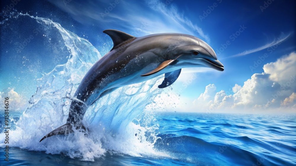 Fototapeta premium Dolphin Leaping Through a Wave A Digital Illustration of a Dolphin in Flight Over the Ocean with Blue Skies and White Clouds - Wildlife, Ocean, Nature, Aquatic, Marine Life, Digital Art