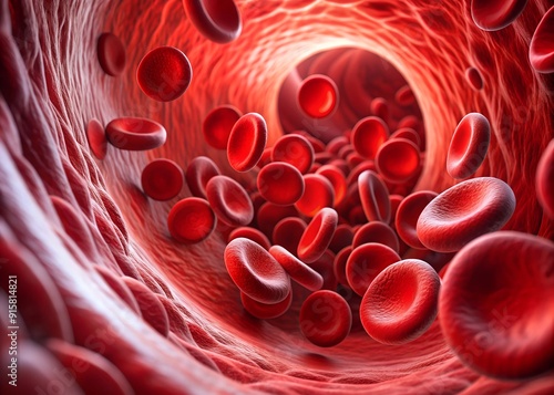 Detailed View of Blood Cells Within an Artery, Emphasizing Cholesterol Levels, Blood Sugar, and Plaque Accumulation, Related to Cardiovascular Health and Heart Disease photo