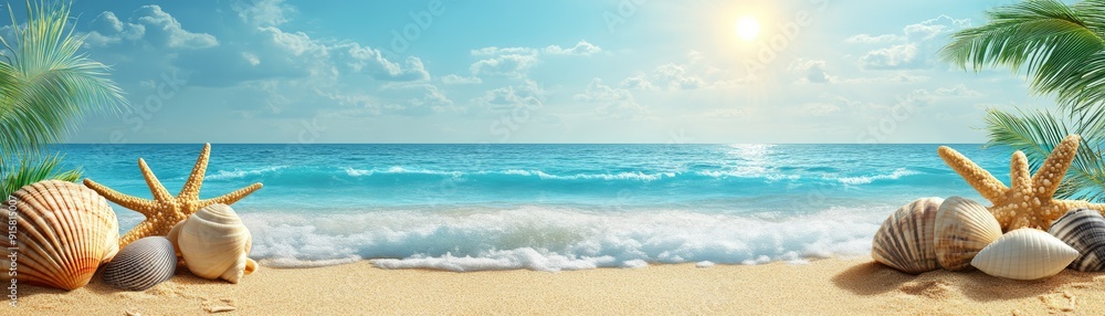 Beach Icons Illustration with Sun and Shell Elements, Tropical Scene Background for Text Space Beach Icons Illustration with Sun and Shell Elements, Tropical Scene Background for Text Space