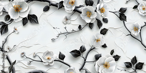 Seamless Elegant 3D Floral Wallpaper Design in White, Gold Flower, and Black Leaves with Sculpted Aesthetic on a Pristine Background. Seamless Tile Flower Wall Sticker