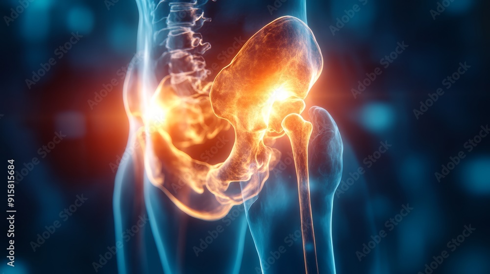 Digital Hologram of Hip Joint with Bursitis Pain Highlighted in X-ray Style on Screen for Medical Education and Diagnosis with Space for Text. Digital Hologram of Hip Joint with Bursitis Pain Highlighted in X-ray Style on Screen for Medical Education and Diagnosis with Space for Text.