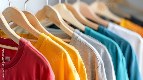Colorful Casual T-Shirts Hanging Wooden Hangers Display Fashion High Quality Collection