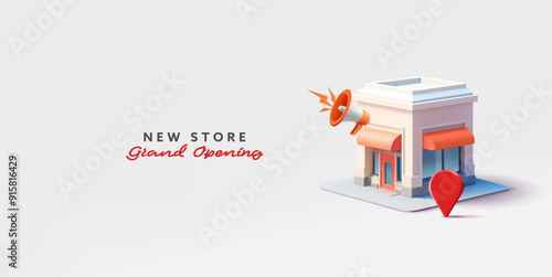 Grand opening of a new store, supermarket, cafe, loudspeaker, navigation icon, 3D. Banner for advertising and promoting marketing concepts. Opening of an online store. Vector illustration.
