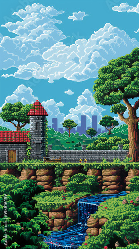 Castle in-game scene. Pixel art 8-bit computer game fantasy illustration.