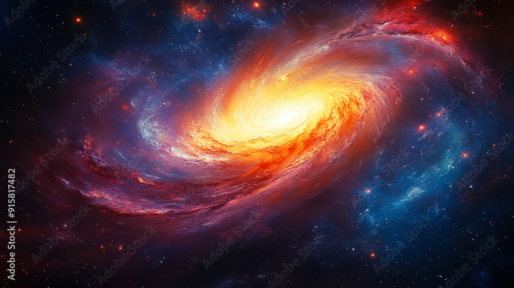Fototapeta premium Vivid Cosmic Dance: Swirling Galaxy, Glowing Nebula, and Distant Planet in Celestial Space Scene at Night