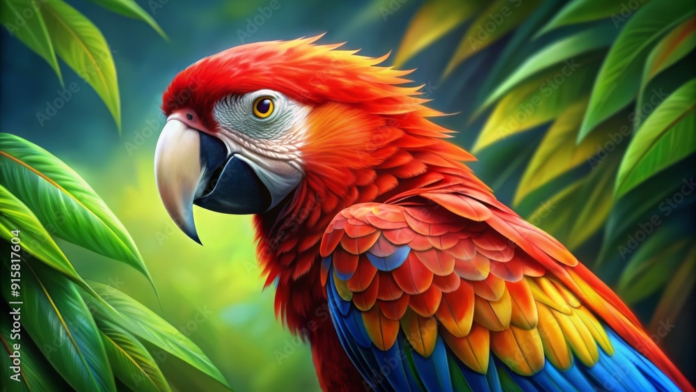 Obraz premium Scarlet Macaw in Lush Greenery Digital Painting, Vibrant Colors, Tropical Bird, Parrot, Wildlife, Nature, Amazon Rainforest