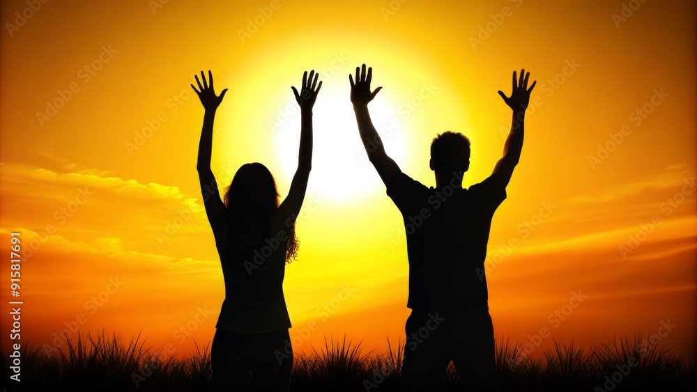 Silhouettes of a Couple Raising Hands at Sunset - Digital Art - Orange Sky - Love, Romance, Happiness, Hope, Togetherness Silhouettes of a Couple Raising Hands at Sunset - Digital Art - Orange Sky - Love, Romance, Happiness, Hope, Togetherness