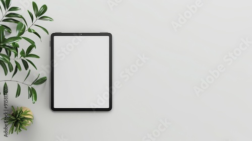 Minimalist Tablet Mockup with Plant on White Background