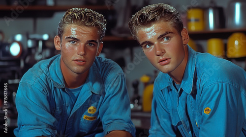 Young Craftsmen at Work in Workshop, Relaxed and Sweating, Wearing Blue Uniforms, Daytime, Industrial Setting, Teamwork, Handsome, Carpenter, Mechanic, Hardworking, Real People, Tradesmen in Harmony photo