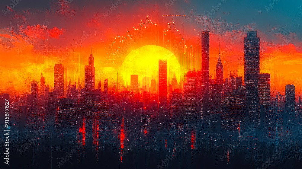 Double Exposure of Business Charts and New York Financial District During Sunset, Highlighting Economic Trends and Urban Growth Double Exposure of Business Charts and New York Financial District During Sunset, Highlighting Economic Trends and Urban Growth