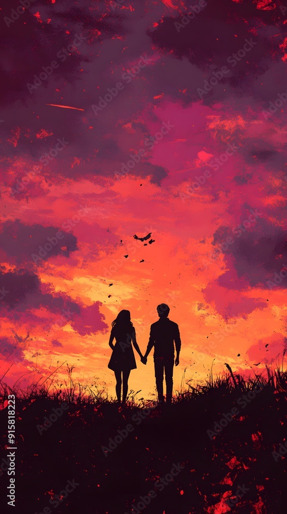 Fototapeta premium Silhouette of a couple holding hands against a sunset sky, a man and woman standing in front of a pond at dusk with pink and orange clouds, golden hour light, romance concept