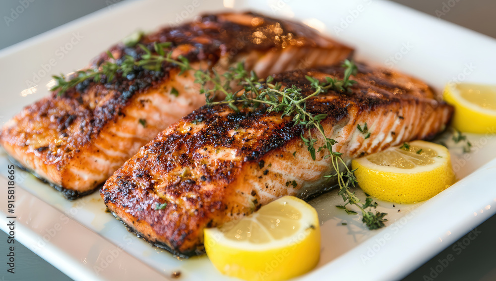 Golden brown salmon fillet, topped with fresh herbs and lemon slices Golden brown salmon fillet, topped with fresh herbs and lemon slices