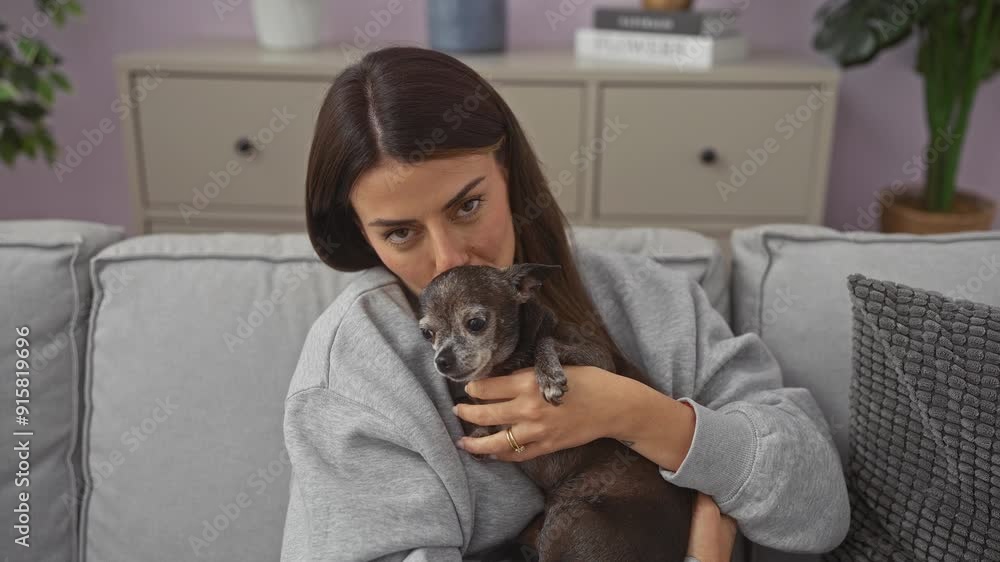 A smiling woman embraces a chihuahua on a couch in a cozy living room setting, expressing affection and comfort. A smiling woman embraces a chihuahua on a couch in a cozy living room setting, expressing affection and comfort.