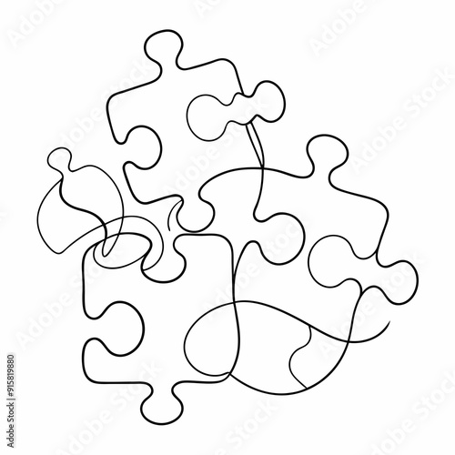 continuous single line drawing of jigsaw puzzle pieces, line art vector illustration
