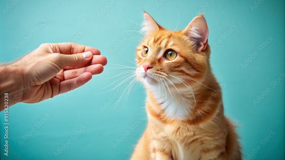 A Ginger Cat's Curious Gaze A Hand Beckons on a Turquoise Background A Ginger Cat's Curious Gaze A Hand Beckons on a Turquoise Background
