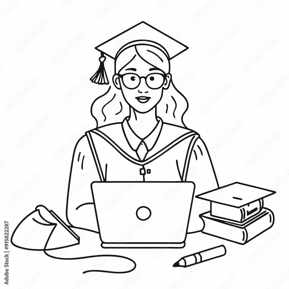 continuous single line drawing of female college student using laptop computer on her lap, line art vector illustration