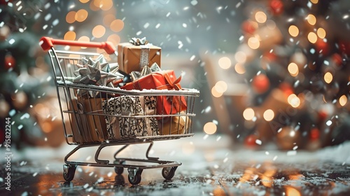 Snowy Shopping Cart with Holiday Discounts and Gifts