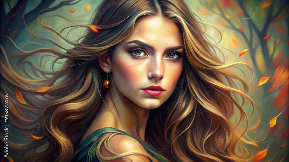 Autumnal Beauty A Digital Painting of a Woman with Golden Hair Flowing in the Wind, Surrounded by Falling Leaves - Fall, Woman, Portrait, Digital Art, Fantasy Autumnal Beauty A Digital Painting of a Woman with Golden Hair Flowing in the Wind, Surrounded by Falling Leaves - Fall, Woman, Portrait, Digital Art, Fantasy