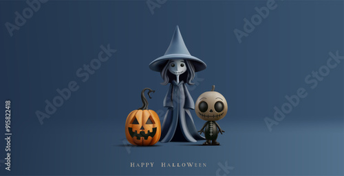 A set of scary, funny characters, a pumpkin, a witch, a doll, party 3D. For happy Halloween celebration concepts. Banner for designs, and discounts. Vector illustration.