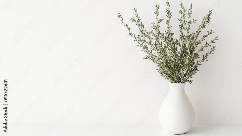 A minimalist vase with greenery against a white background. A minimalist vase with greenery against a white background.