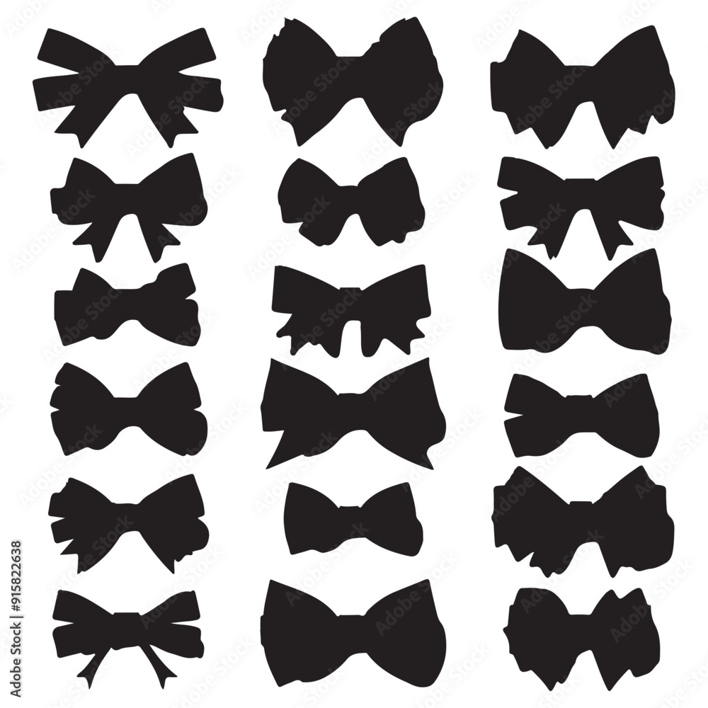 A collection of black bows with varying sizes and shapes. The bows are all black and are arranged in a row with white background A collection of black bows with varying sizes and shapes. The bows are all black and are arranged in a row with white background