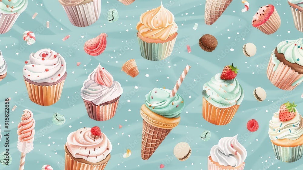 A variety of desserts including ice cream and cupcakes arranged on a vibrant blue backdrop A variety of desserts including ice cream and cupcakes arranged on a vibrant blue backdrop