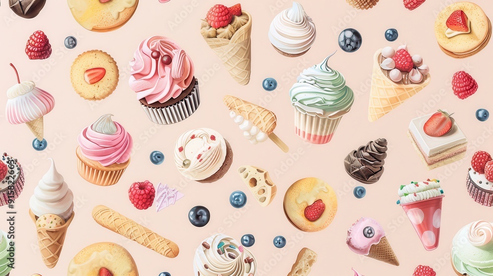 Delicious variety of ice cream, cupcakes, and cookies arranged beautifully on soft pastel backdrop Delicious variety of ice cream, cupcakes, and cookies arranged beautifully on soft pastel backdrop