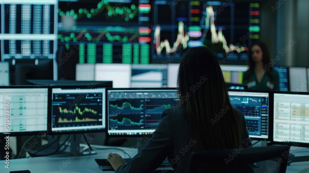 Woman Working in a Financial Data Center Woman Working in a Financial Data Center