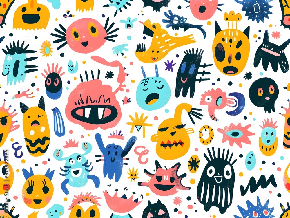Vibrant Abstract Pattern with Whimsical Hidden Figures Suitable for Sticker or Apparel Design