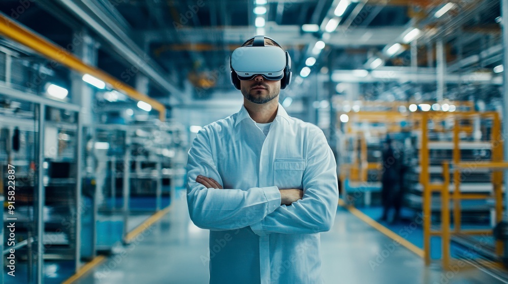 Engineer in a white VR headset at a high-tech factory. The future of manufacturing and innovation Engineer in a white VR headset at a high-tech factory. The future of manufacturing and innovation