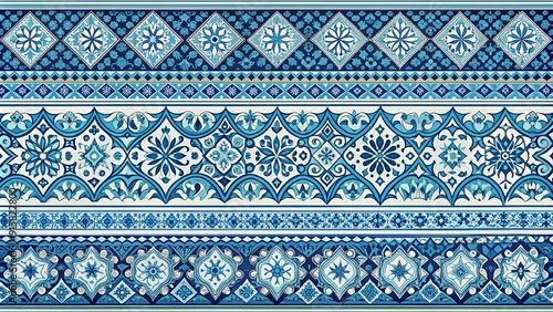 Wallpaper Mural Blue and White Ceramic Tile Border with Floral Motifs - Seamless Pattern - Islamic Art - Moroccan Design - Traditional Ornament - Decorative Background - Vector Illustration Torontodigital.ca