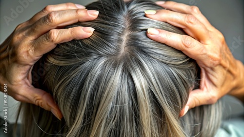 Close-up of Gray Hair Texture Woman's Hands Gently Touching Her Hair - Grey Hair, Silver Hair, Haircare, Beauty, Aging Gracefully, Natural Beauty, Hair Texture