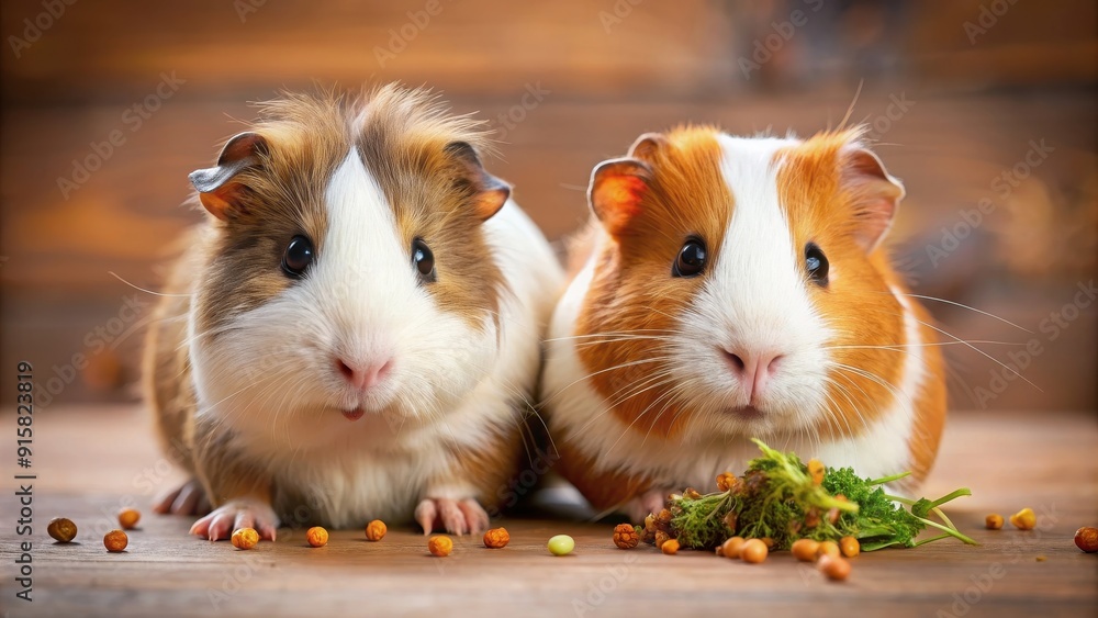 Two guinea pigs eating together, guinea pigs, rodents, pets, small animals, eating, food, hay, sharing, companionship Two guinea pigs eating together, guinea pigs, rodents, pets, small animals, eating, food, hay, sharing, companionship