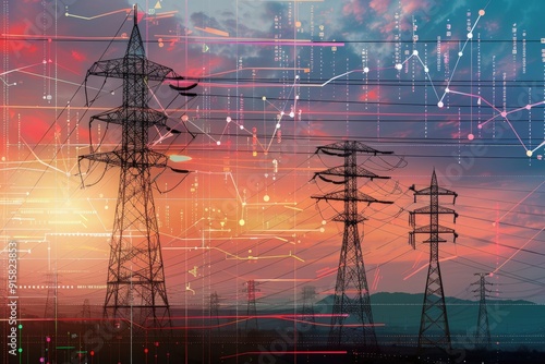 A digital overlay of power lines against a sunset, symbolizing energy and technology.